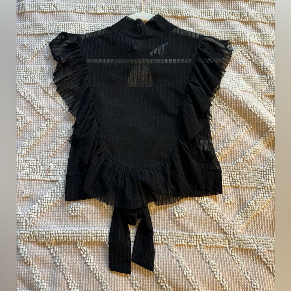 Favlux Fashion Black Mock Neck Sheer Top with Tie in Back | Size: L